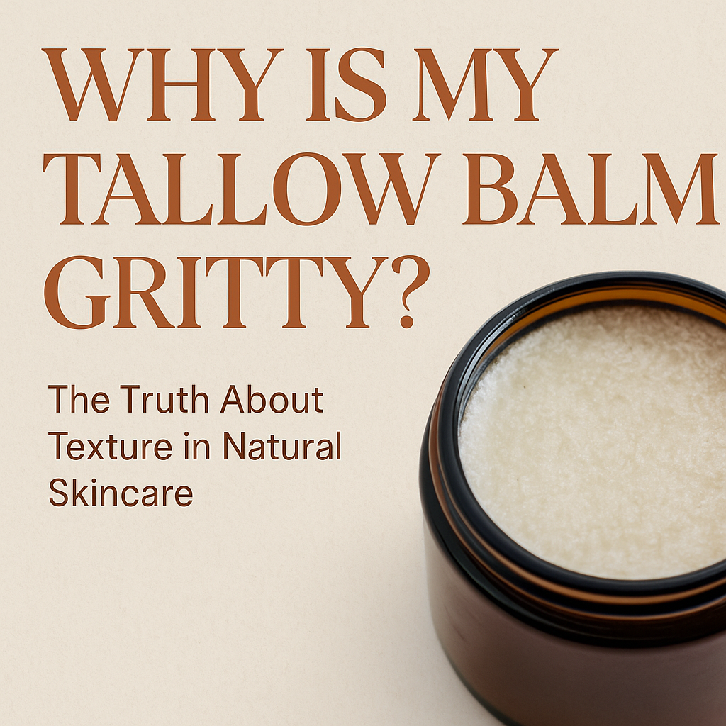 Amber jar of natural tallow balm with gritty texture beside bold headline text asking 'Why is my tallow balm gritty?' on a parchment-colored background.