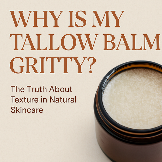 Amber jar of natural tallow balm with gritty texture beside bold headline text asking 'Why is my tallow balm gritty?' on a parchment-colored background.