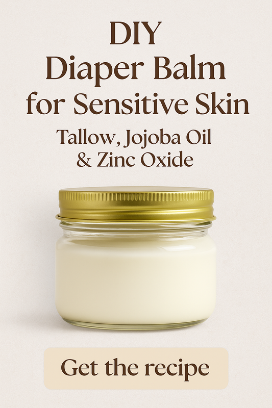 An unlabeled glass jar of creamy DIY diaper balm with gold lid, set against a neutral beige background. Text on image reads: ‘DIY Diaper Balm for Sensitive Skin – Tallow, Jojoba Oil & Zinc Oxide – Get the recipe.