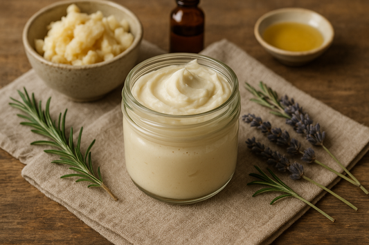 Whipped tallow balm in a glass jar surrounded by rosemary, lavender, on rustic table — natural, handmade skincare using beef tallow and herbal ingredients.