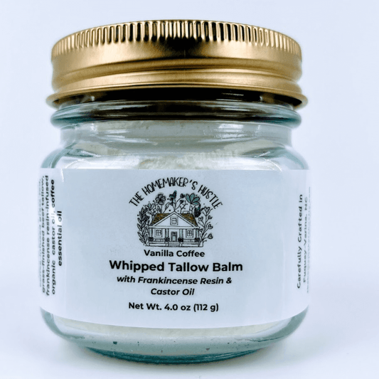 Vanilla Coffee infused tallow, whipped with a powerful 1:3 ratio of frankincense resin-infused castor oil.