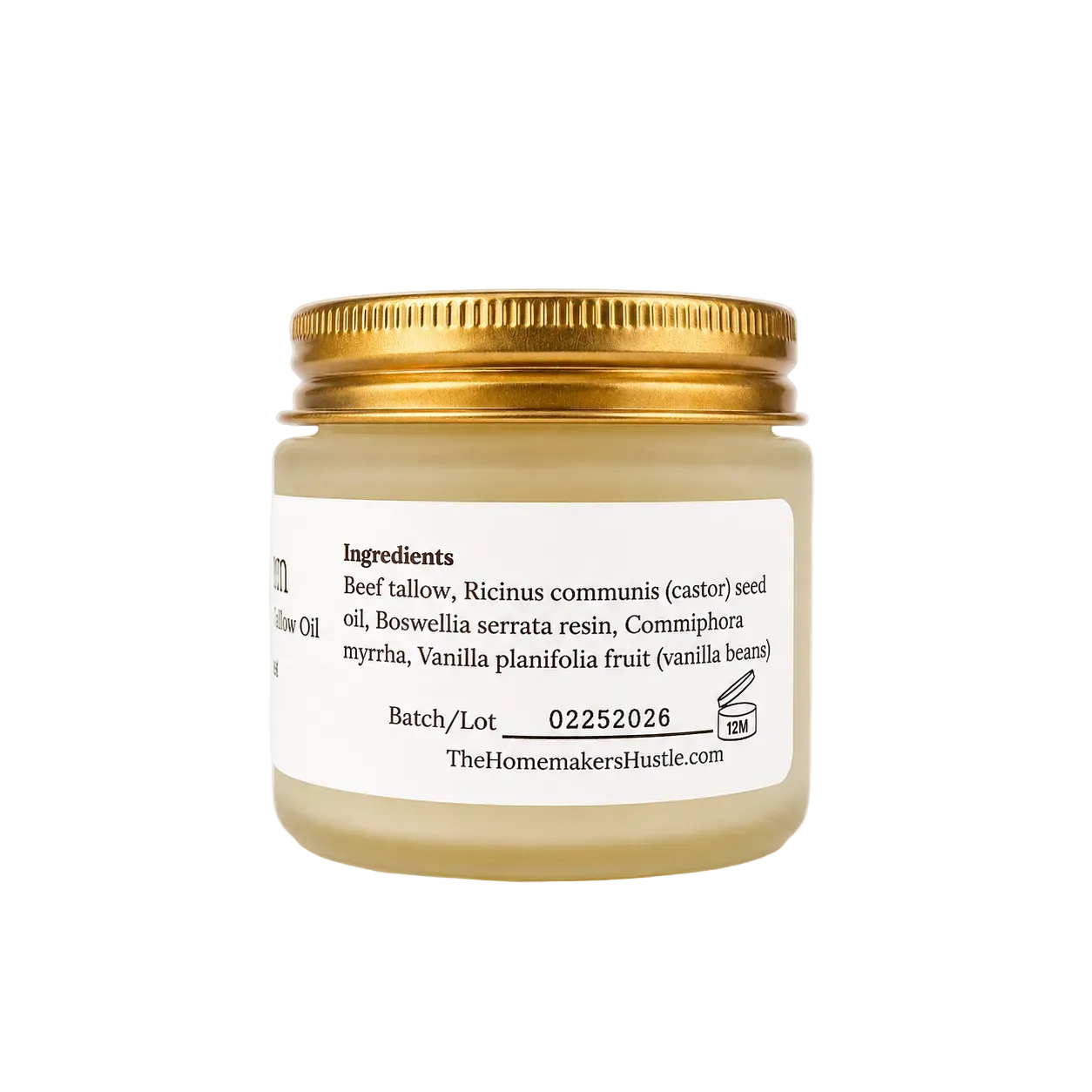 Jar with gold lid and white label on a white background showing ingredient list