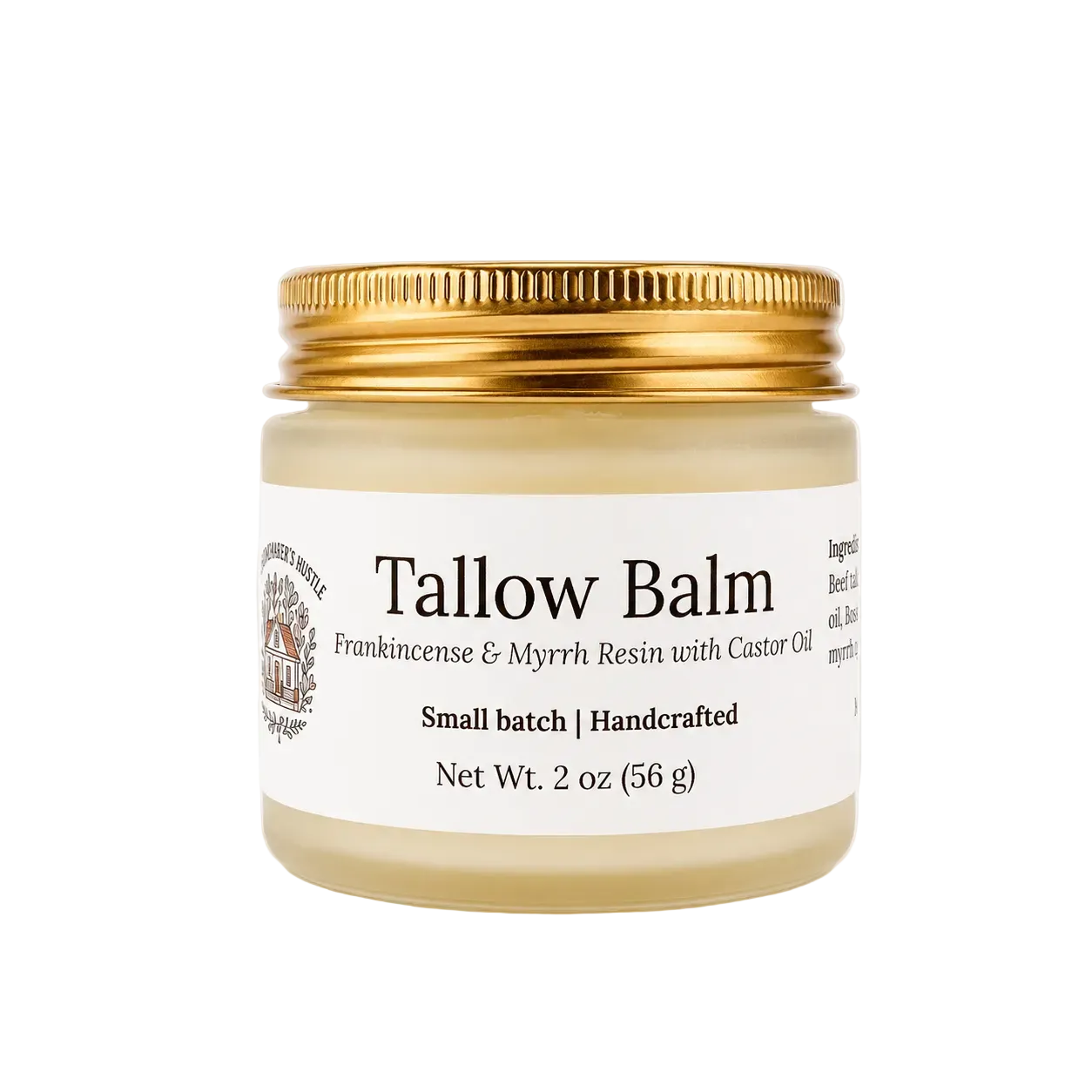 Jar of tallow balm with gold lid and white label
