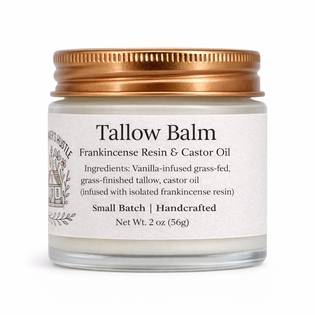 Frosted glass jar of frankincense resin and castor oil tallow balm made with vanilla-infused suet tallow