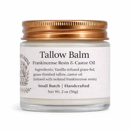 Frosted glass jar of frankincense resin and castor oil tallow balm made with vanilla-infused suet tallow