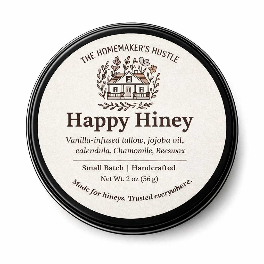 Happy Hiney tallow balm in black metal tin with vanilla-infused tallow, jojoba oil, calendula, chamomile, and beeswax label