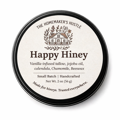 Happy Hiney tallow balm in black metal tin with vanilla-infused tallow, jojoba oil, calendula, chamomile, and beeswax label