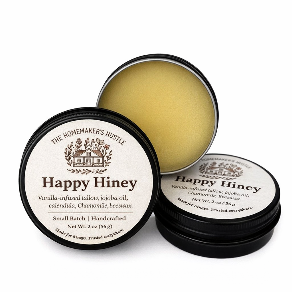 Three Happy Hiney tallow balm tins arranged together, one open to show balm texture and two closed with farmhouse logo labels